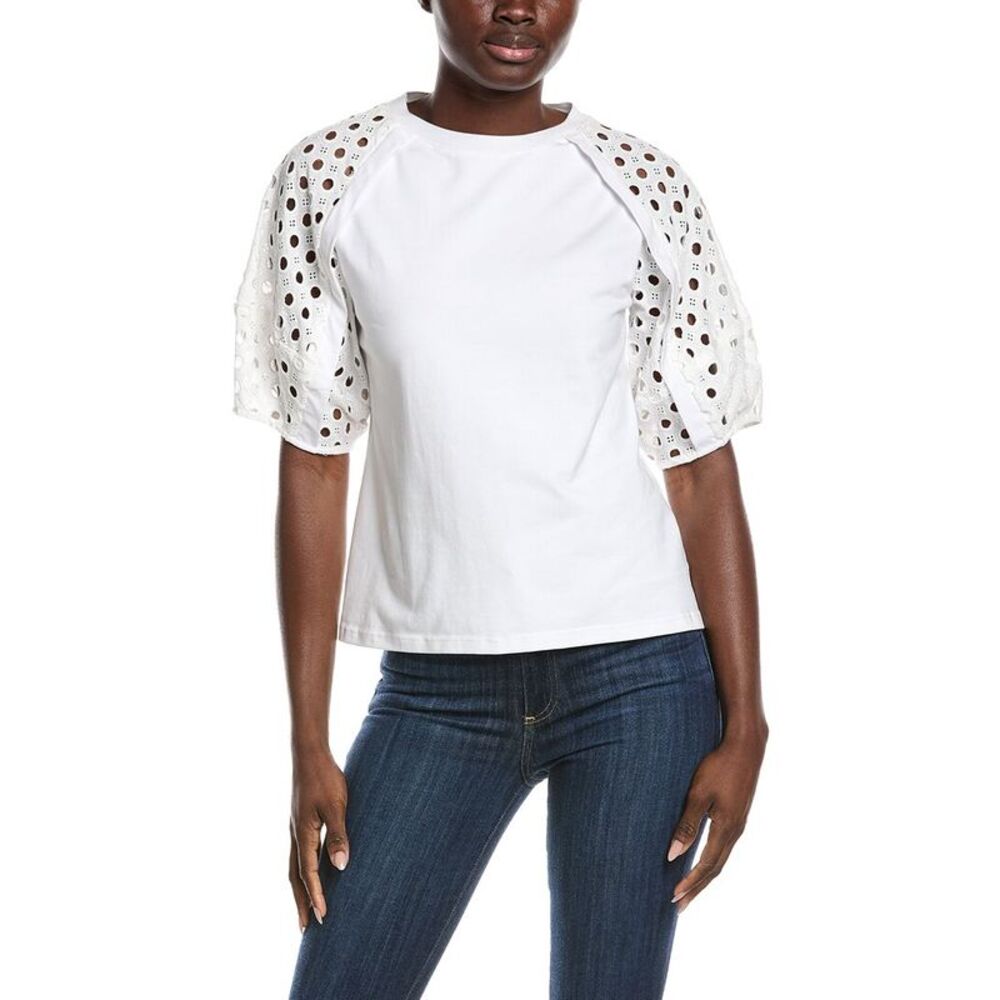 Gracia Womens Eyelet Sleeve Top, White